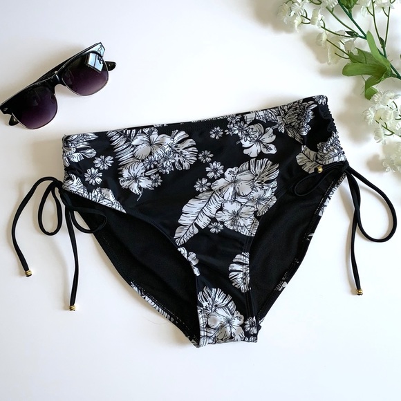 Time and Tru Other - Mid Rise Black Floral Bikini Bottoms